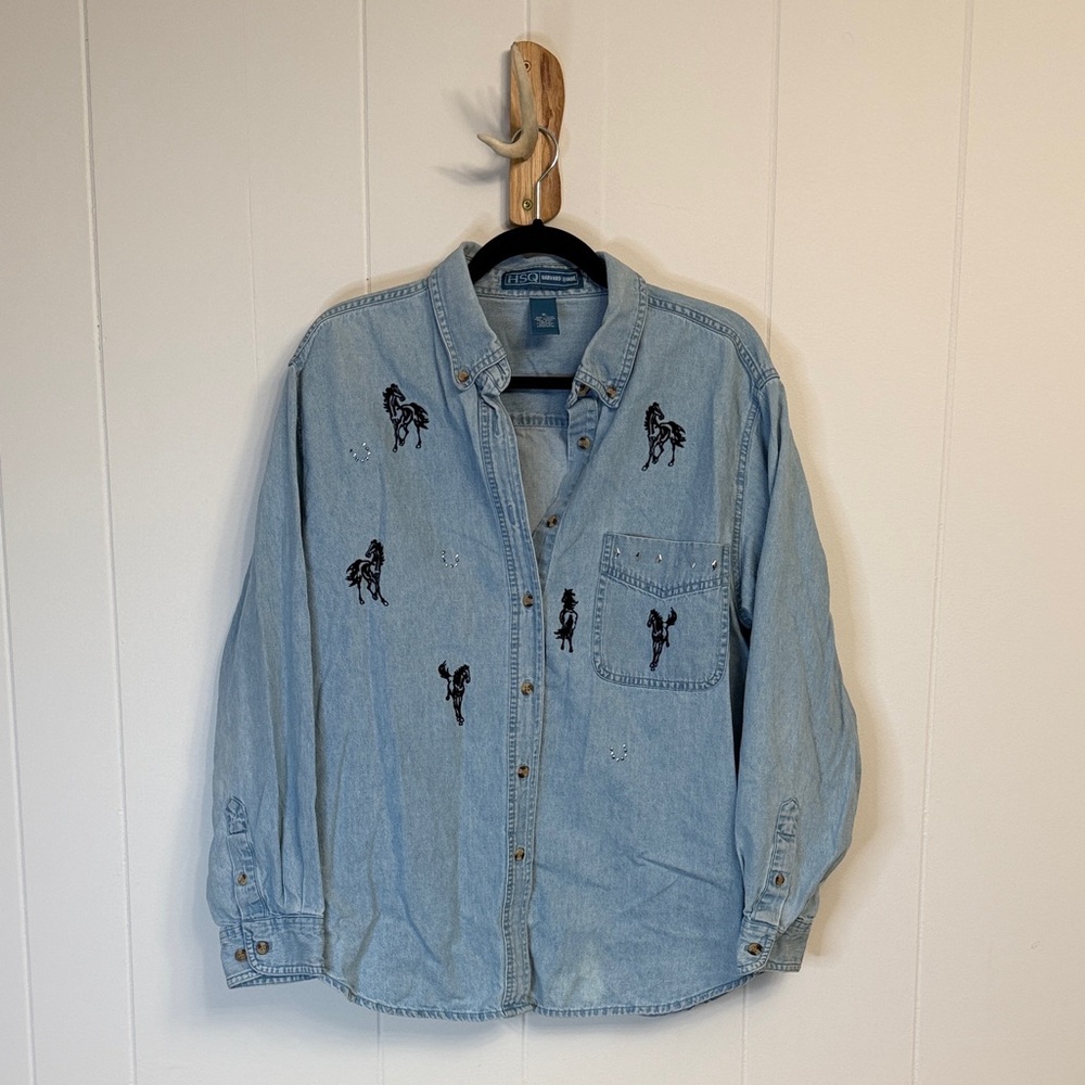 Vintage Oversized Denim Shirt with Western appliqué Details 100% Cotton XL